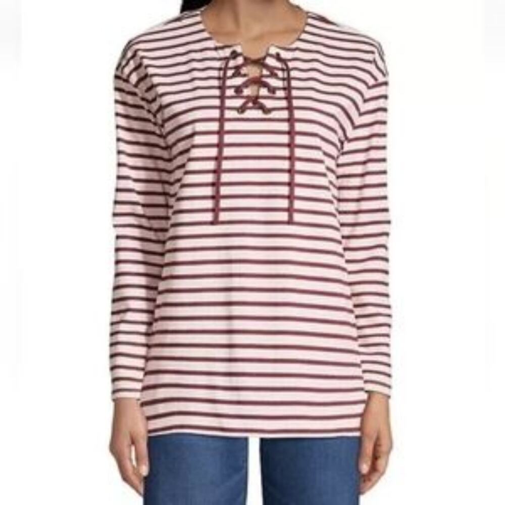 Lands End Womens Lace Up Striped Sweater Size Medium Red‎ Pink Cotton Nautical